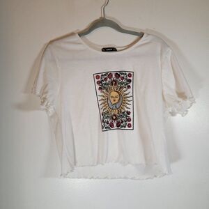 Shein Womens White Round Neck Short Sleeve Graphic Cropped T Shirt Top Size 3XL